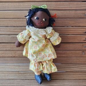 Vintage Black Americana African American cloth ragdoll retro yellow floral dress